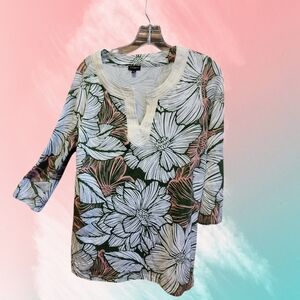 Talbots Floral Embellished V Neck 3/4 Sleeve Cotton Blend Tunic Top Medium T46